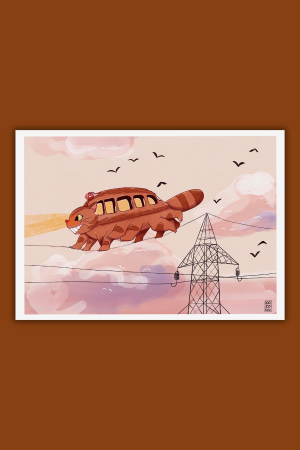 llustration du Chat-bus de Totoro courant sur des fils électriques devant un coucher de soleil rose.