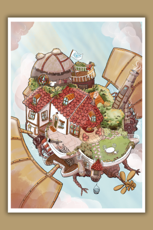 Illustration du Château Ambulant de Miyazaki volant dans un ciel bleu pastel avec ses jardins.