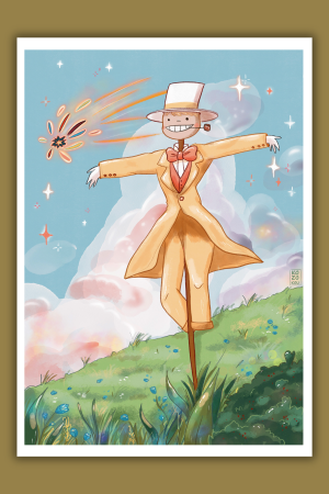Illustration d'une affiche Le Château Ambulant représentant l'épouvantail Navet avec son chapeau haut-de-forme dans un champ verdoyant sous un ciel nuageux.