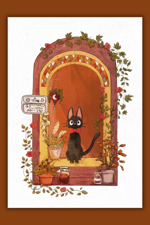 llustration du chat noir Jiji assis sur le rebord d'une fenêtre entourée de plantes et de roses.