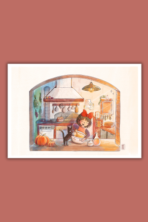 Illustration de Kiki la petite sorcière cuisinant dans sa cuisine rustique avec son chat Jiji.